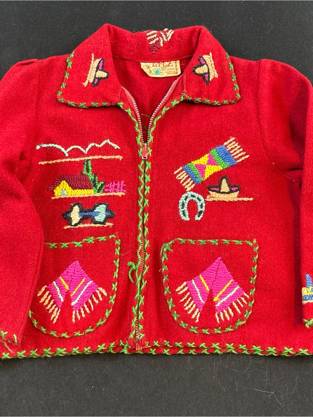 Vintage Mexico Lopez Embroidered Red Kids Jacket wool. READ READ READ